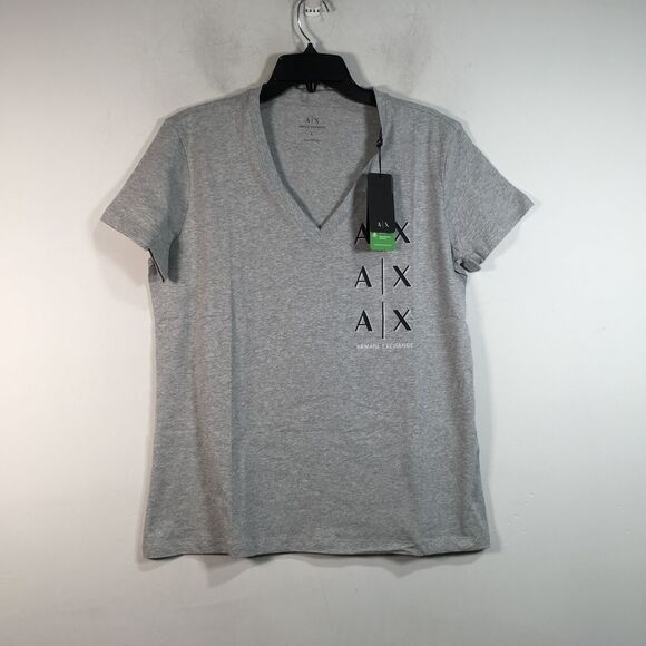Armani Exchange Short Sleeve Logo V-Neck Top, Size L - Grey Women's - Picture 1 of 11